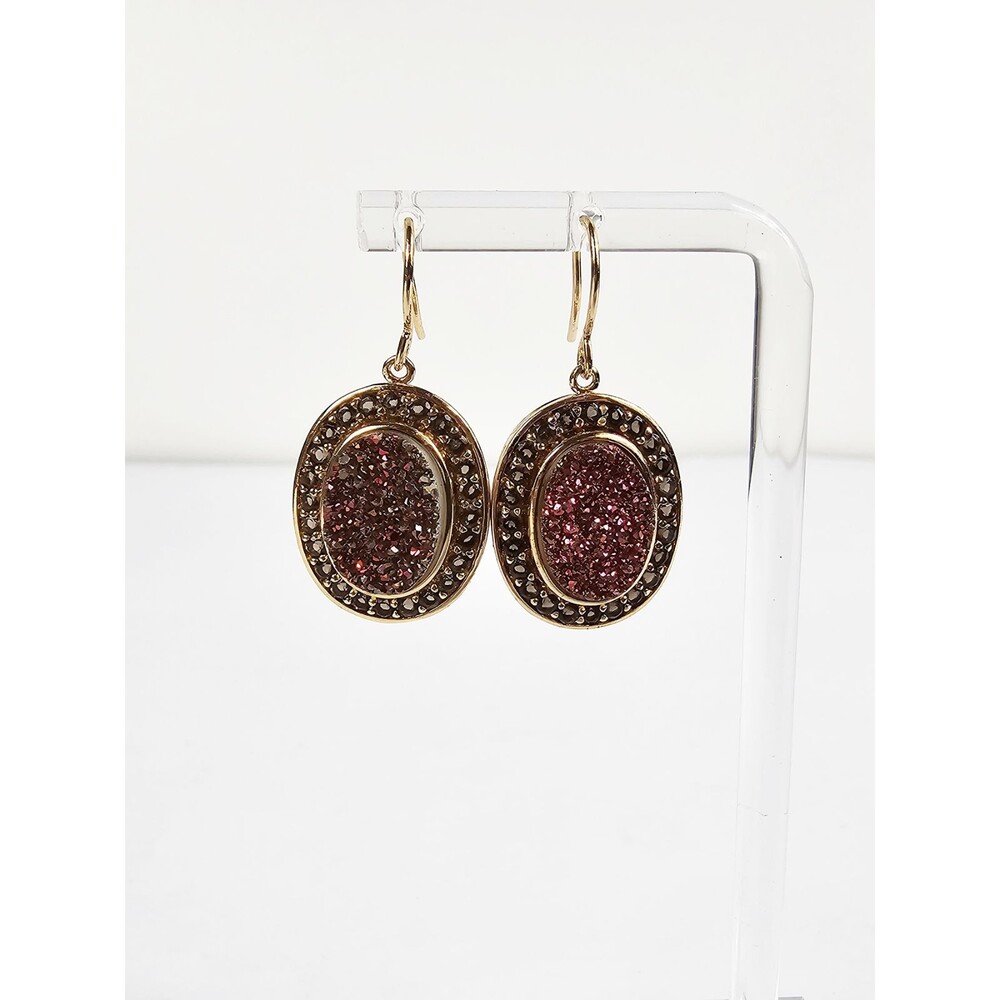 Oval Gold Tone Pink Druzy Dangle Earrings Signed NH